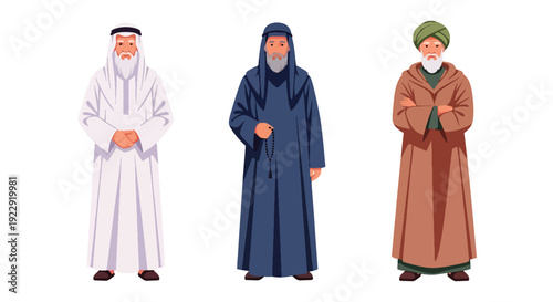 Set of 3 vector collections of Muslim elderly men use traditional Islamic, isolated on white background, cultural character illustration for ramadan kareem and eid mubarak themes