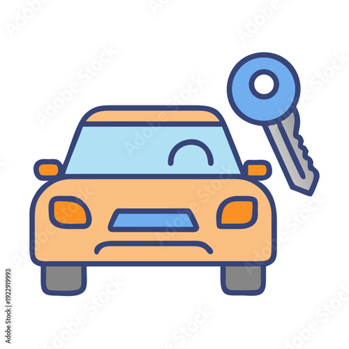 Cartoon car with key illustration on a black background for rental services