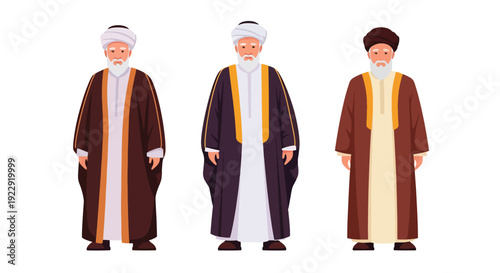 Set of 3 vector collections of Muslim elderly men use traditional Islamic, isolated on white background, cultural character illustration for ramadan kareem and eid mubarak themes