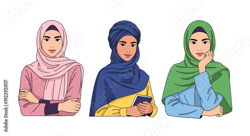 Set of 3 vector collections of young Muslim women wearing colorful hijab and modest fashion style, isolated on white background, modern Islamic female portrait illustration set for ramadan kareem 