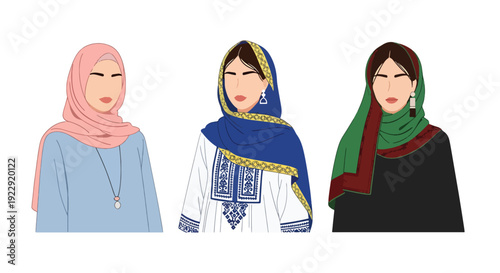 Set of 3 vector collections of young Muslim women wearing colorful hijab and modest fashion style, isolated on white background, modern Islamic female portrait illustration set for ramadan kareem 