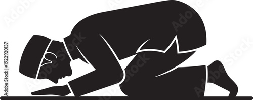Silhouette of a Muslim Man Prostrating in Prayer, Symbolizing Islamic Worship, Humility, and Spiritual Devotion