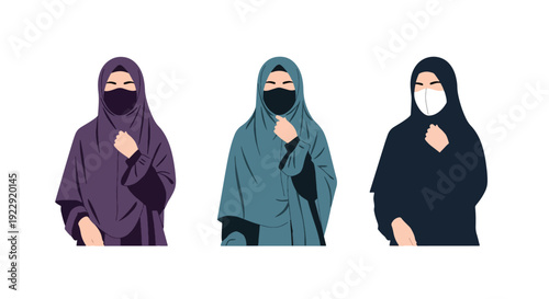 Set of 3 vector collections of young Muslim women wearing colorful hijab and modest fashion style, isolated on white background, modern Islamic female portrait illustration set for ramadan kareem 