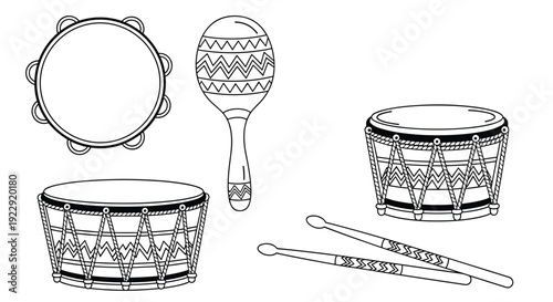 A collection of various percussion musical instruments including a tambourine, maraca, drums, and drumsticks in line art.