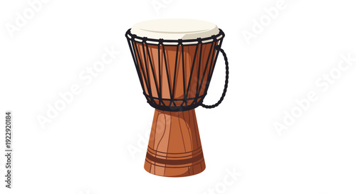 A single traditional djembe drum with a light skin head and dark ropes stands upright in a simple flat illustration.
