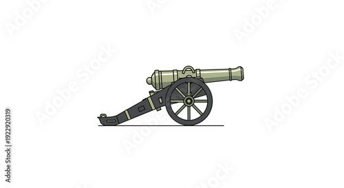 A simple line art illustration of a historical cannon featuring a long barrel and large wheels.