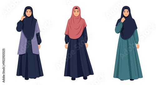 Set of 3 vector collections of Muslim women wearing modest hijab in modern Islamic fashion, isolated on white background, cultural diversity female illustration set for ramadan kareem and eid mubarak 