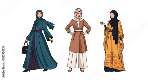 Set of 3 vector collections of Muslim women wearing modest hijab in modern Islamic fashion, isolated on white background, cultural diversity female illustration set for ramadan kareem and eid mubarak 