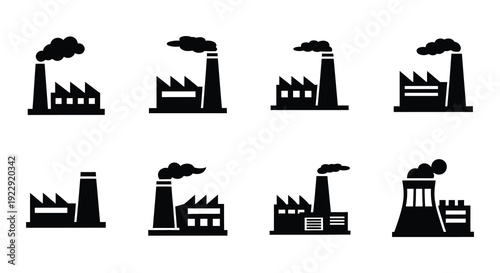 Industrial factory icons depicting various structures and smoke emissions