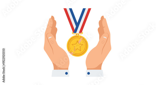 Two hands cupping a shining gold star medal featuring a red, white, and blue ribbon.
