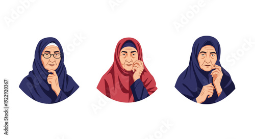 Set of 3 vector collections of elderly Muslim women wearing hijab with different expressions, isolated on white background, senior Islamic female character illustration collection for ramadan kareem