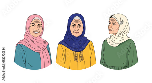 Set of 3 vector collections of elderly Muslim women wearing hijab with different expressions, isolated on white background, senior Islamic female character illustration collection for ramadan kareem