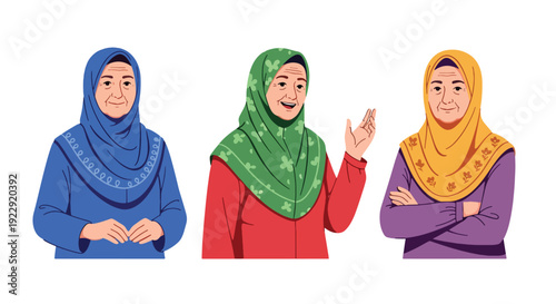 Set of 3 vector collections of elderly Muslim women wearing hijab with different expressions, isolated on white background, senior Islamic female character illustration collection for ramadan kareem