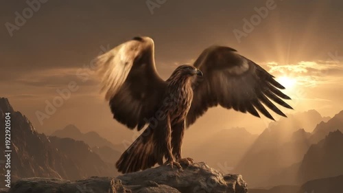 Majestic eagle soaring with outstretched wings against a sunset sky