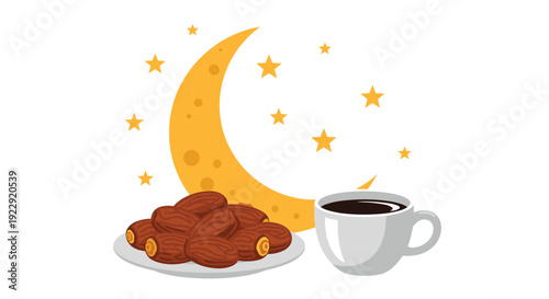A plate of dates and a cup of coffee sit under a large yellow crescent moon and shining stars.