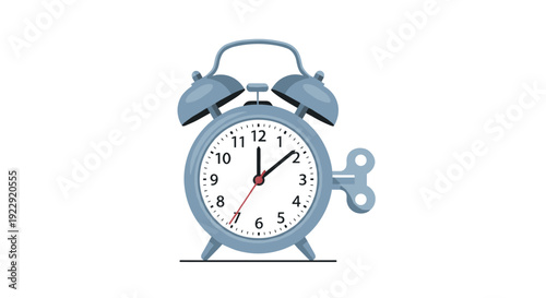 A vintage style alarm clock with a prominent winding key mechanism displays the time as two o'clock.