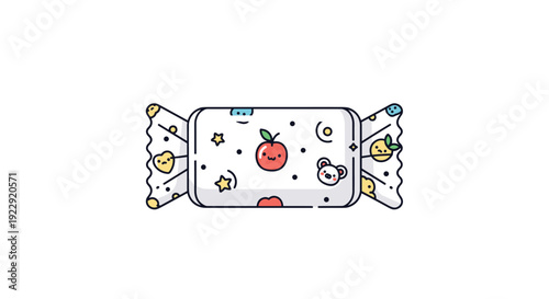 A single piece of colorful candy wrapped in decorative paper featuring cute fruit characters and stars is shown.