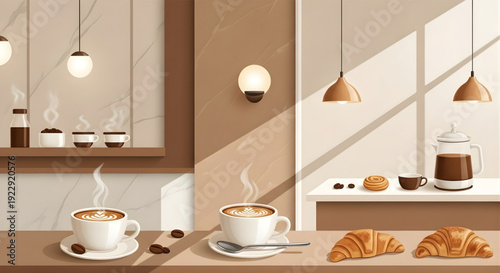 Warm and inviting cafe scene featuring steaming cups of coffee with latte art, fresh golden croissants, and small cookies, illuminated by soft morning light