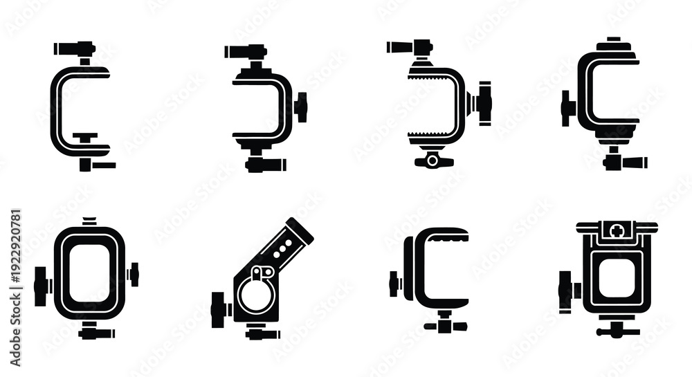 Fototapeta premium Variety of black clamp icons for different applications and equipment