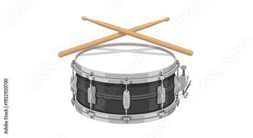 Two wooden drumsticks are crossed over a realistic black snare drum with silver hardware on a white background.