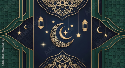 Ramadan Kareem with Islamic Crescent Moon, Stars, and Lanterns on a Decorative Background