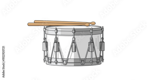 A pair of wooden drumsticks are neatly resting on top of a classic white snare drum with detailed hardware.