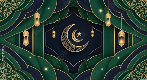 Festive Islamic background with golden crescent moon, elegant lanterns, and intricate green and blue geometric patterns, ideal for religious holiday celebrations