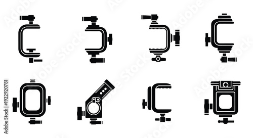 Variety of black clamp icons for different applications and equipment