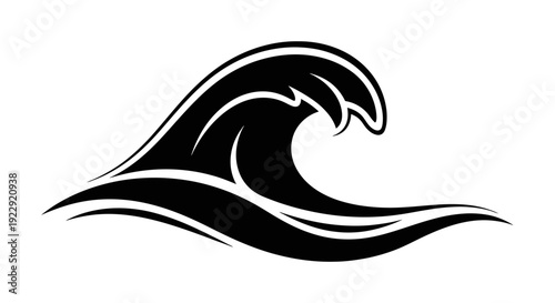 Black and white illustration of a crashing ocean wave.