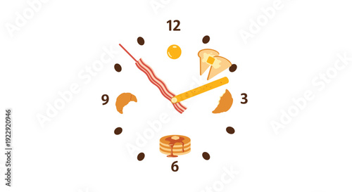 Abstract clock with breakfast food items like eggs, bacon, toast, pancakes, and croissant on a white background.