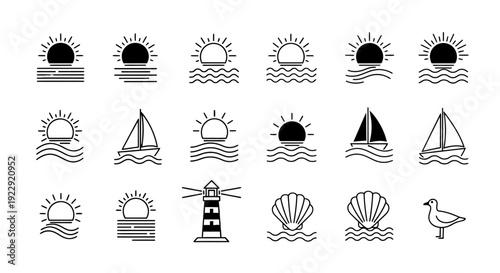 Collection of simple black and white nautical icons.