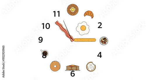 Creative breakfast-themed clock featuring waffle, croissant, egg, bacon, pancakes, and bagel on white.