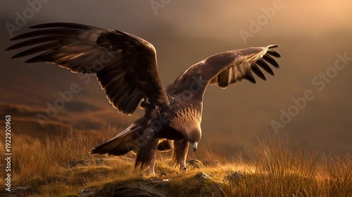 Majestic eagle soaring against golden evening sky in natural habitat