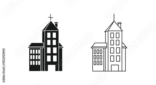 Simple black and white illustration of two building facades