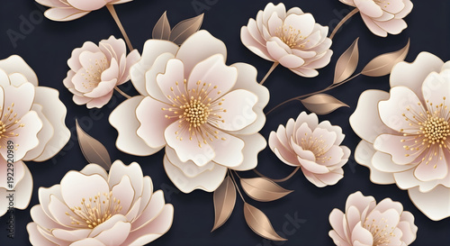 Elegant floral background with delicate peony flowers and golden leaves on a dark blue textured backdrop, perfect for sophisticated designs