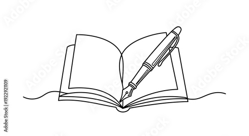 Simple line drawing of an open book with a fountain pen.