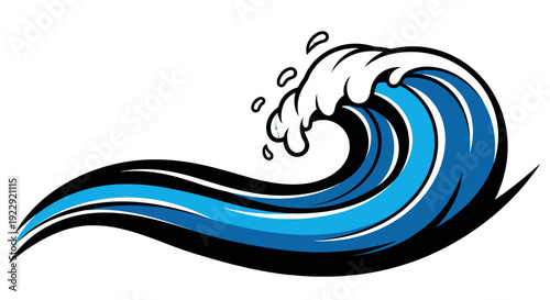 Blue ocean wave illustration with white foam and splashes.