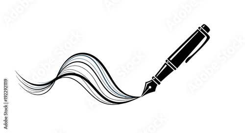 Black and white illustration of a fountain pen nib writing.