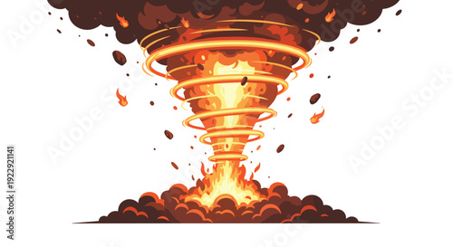 A powerful fire tornado explosion with swirling flames, debris, and a large dark smoke cloud against a white background.