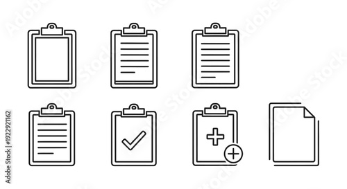 Set of simple clipboard and document icons in line art style.