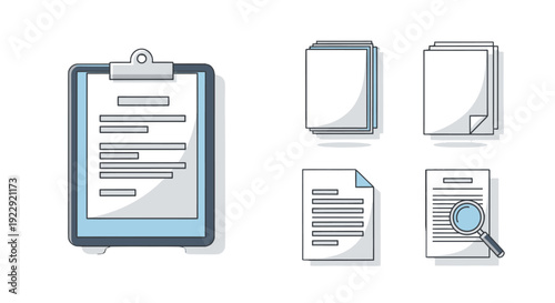 Set of clipboard and documents with various elements.