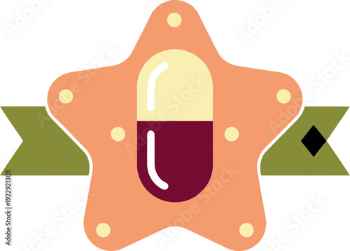 Vector illustration of medical capsule badge with star and ribbon for pharmacy or healthcare design
