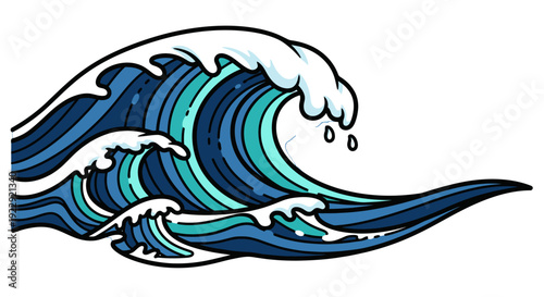 Stylized ocean wave illustration with blue and white hues.