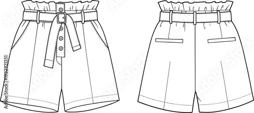 Paperbag waist shorts flat sketch, vector fashion drawing, high waist shorts template, technical design, women’s summer shorts