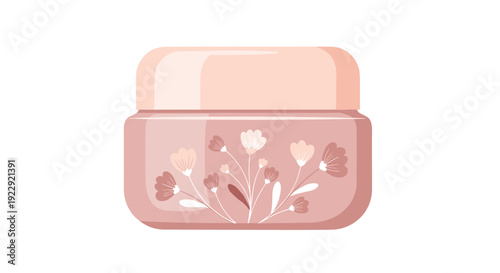 A round pink cosmetic cream jar with a floral design on its front sits on a plain white background, ready for use.