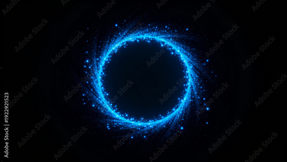 Fototapeta premium a digital artwork featuring a glowing blue circular ring set against a dark background. The ring is composed of numerous small, bright particles that create a shimmering effect, giving the impression