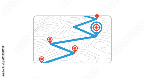 Map displaying a zigzag blue route with multiple red pin markers leading to a central target destination.