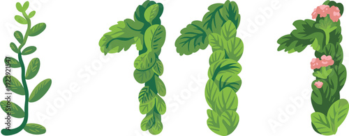 Decorative green plant numbers eleven and floral on white background numeral