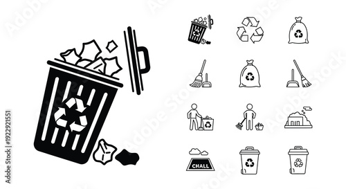 Waste management and recycling icons trash cans sorting and cleanup