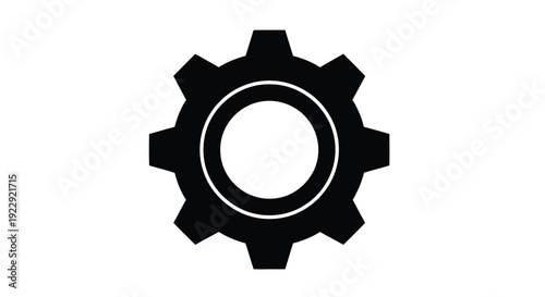 A simple black silhouette of a gear or cogwheel on a white background